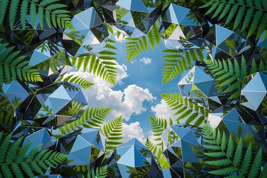 Futuristic frame made of low poly silver crystals and green fern leaves against a blue sky with fluffy clouds, surreal abstract nature background