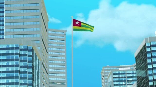 Togo Flag 3D Render Animation with Urban Architecture and Clear Blue Sky