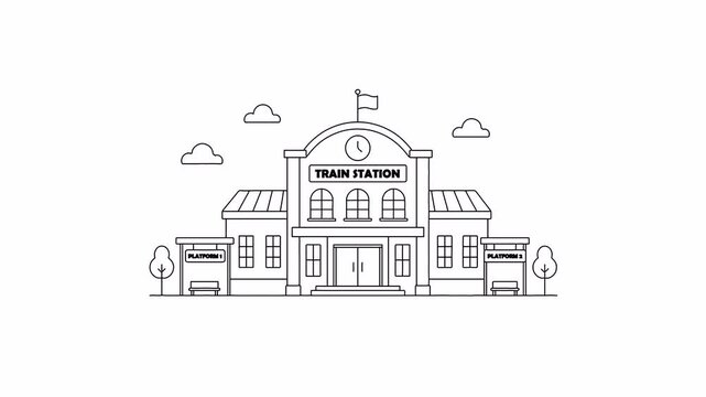 Train station building with railway platforms and line art animation