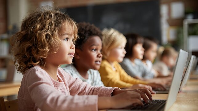 Young girl attentively typing on a laptop in a bright classroom, surrounded by peers learning and collaborating during a digital lesson