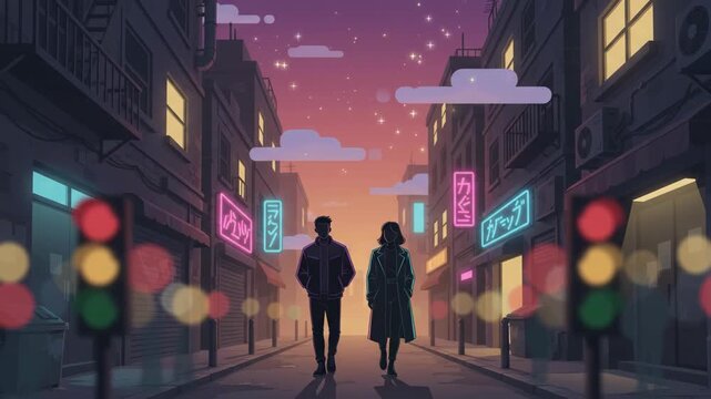 Couple walking down a vibrant city street at twilight with neon lights and bokeh effects, romantic urban scene.