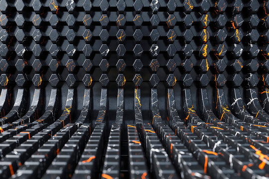 Abstract black geometric hexagonal texture background, 3d dark marble sci-fi pattern with orange lava veins, futuristic grid wall wallpaper