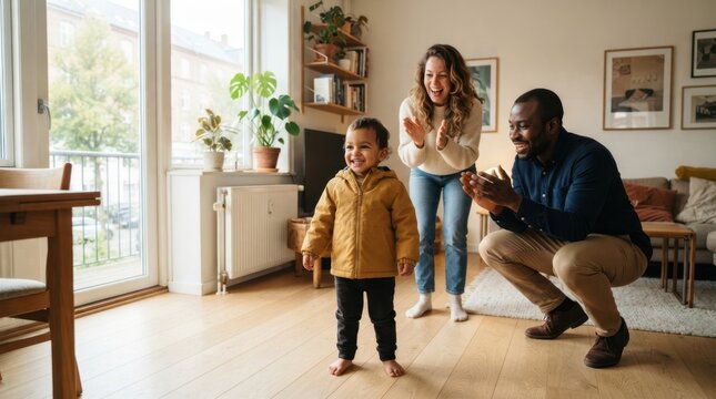 Happy family celebrating a child's milestone indoors with joy and laughter