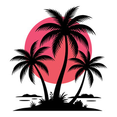 Fototapeta premium Tropical palm tree silhouette illustration with vibrant pink sunset, island landscape and exotic beach scenery, summer vacation travel vector design