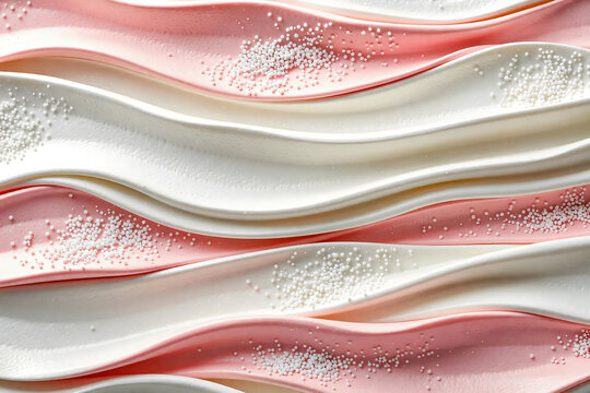 Abstract pink and white whipped cream wavy texture, 3d sweet frosting swirl background with sprinkles, cosmetic lotion fluid pattern wallpaper