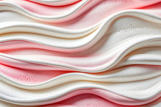 Abstract pink and white mousse cream wavy texture, 3d sweet whipped meringue swirl background, cosmetic foam fluid pattern wallpaper
