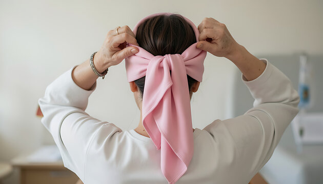 A woman seen from behind ties a soft pink silk scarf into a bow around her head for breast cancer awareness, created with generative ai.
