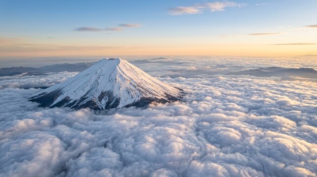Majestic snow-capped Mount Fuji pierces through a thick breathtaking sea of white morning clouds viewed from an amazing aerial perspective.