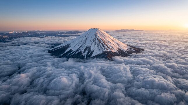 Majestic snow-capped Mount Fuji pierces through a thick breathtaking sea of white morning clouds viewed from an amazing aerial perspective.
