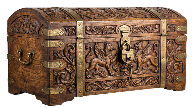 Antique wooden treasure chest with ornate carvings, vintage pirate trunk with brass hardware, hand-carved storage box with mythical griffins