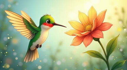 Naklejka premium Colibrí de dibujos animados suspendido en el aire junto a una flor brillante