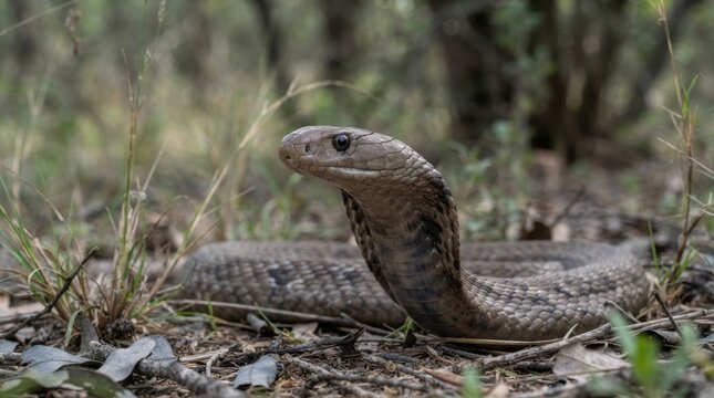 Alert cobra poised in dry grass, its scales detailed and eyes watchful