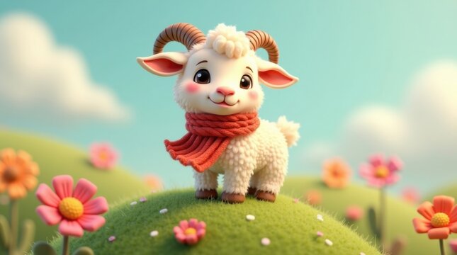 Una cabra de dibujos animados con una diminuta bufanda tejida, de pie en una ladera cubierta de hierba y rodeada de coloridas flores silvestres