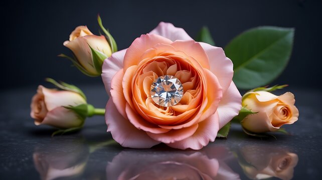 Peach rose with sparkling diamond center and elegant floral beauty