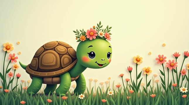 Tortuga de dibujos animados con una diminuta corona de flores