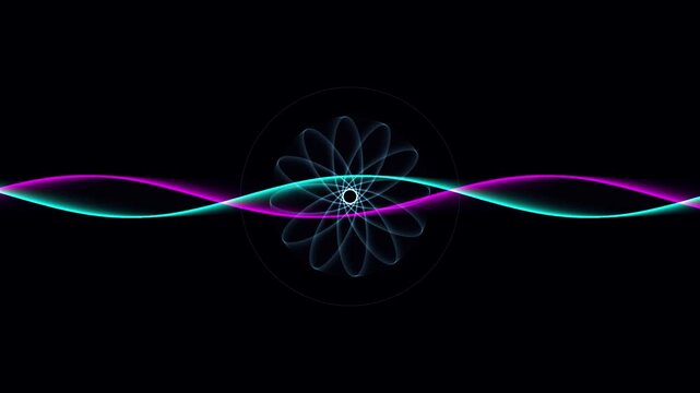 Abstract glowing sine waves motion graphics with central geometric spirograph emblem on black background
