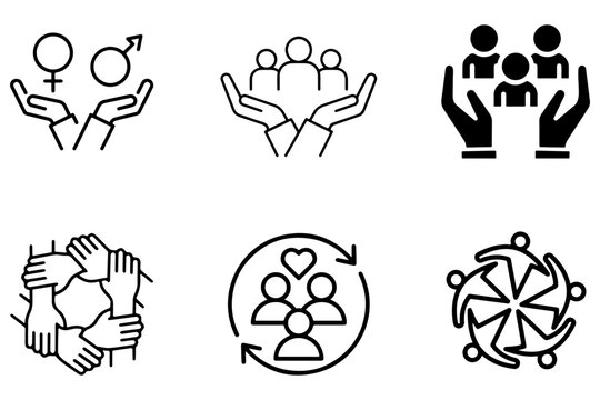 Social inclusion and equity icon set showing support, safety, diversity, teamwork, and community care.