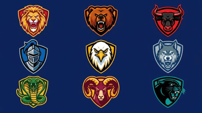 Collection of nine diverse sports mascot logos.