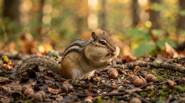 Chipmunk with full cheeks gathering nuts and seeds in autumn forest floor