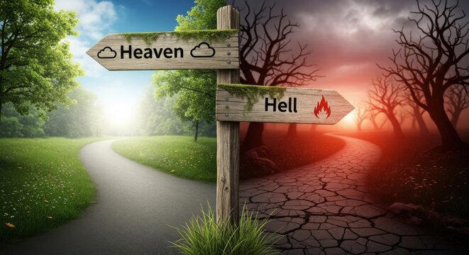Decision Point Symbolizing Paths to Heaven or Hell Surreal Visual