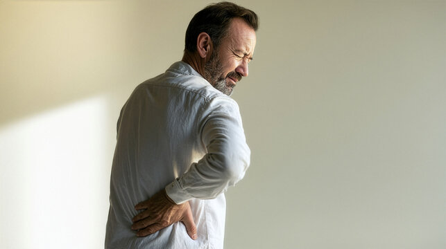 A healthcare portrait of a mature man standing sideways while gently supporting her lower back with one hand and closing her eyes in a realistic expression of discomfort. orthopedic healthcare concept