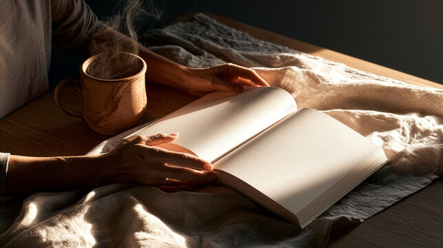 hands gently holding an open mindfulness book with completely blank pages, illuminated by the first warm sunlight before sunrise. 