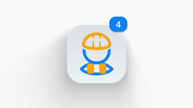 Construction worker app icon featuring animated notification badge with counter 1 to 99, dynamic shadow effect, minimalist hard hat safety helmet builder avatar concept, on white background. 