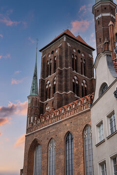 The gothic brick tower and facade of St Mary Church rise beside historic houses against a soft evening sky in Gdansk Poland.