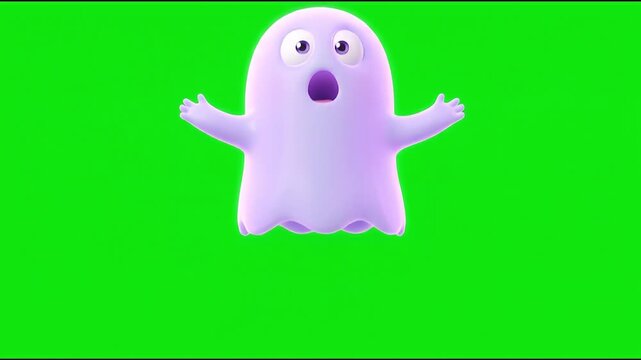 3D Cute Ghost Yawning and Covering Mouth on Green Screen Background.