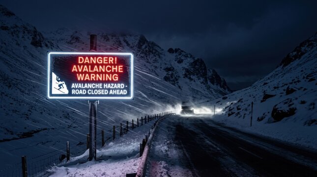 Danger Avalanche Warning Road Closed Ahead In Snowy Mountains