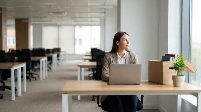 Woman Sitting at Desk with Laptop and Moving Boxes in Bright Office Space