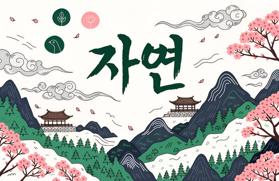 Stylized Korean Culture nature landscape with mountains cherry blossoms curved roof buildings clouds petals and central text in vibrant traditional design  generated ai