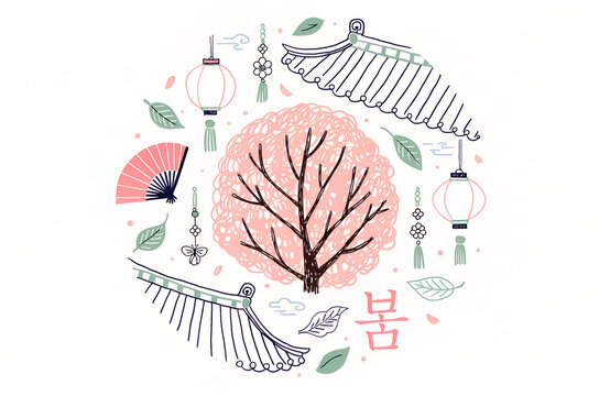 Artistic Korean Culture spring illustration with tree blossoms lanterns fan roof eaves and seasonal symbol in vibrant decorative traditional design  generated ai
