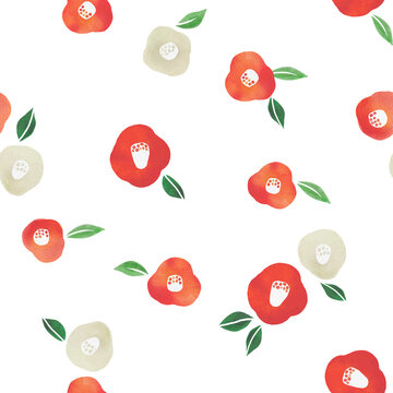 Seamless Watercolor Camellia Flower Pattern with Red and Cream Blooms 300dpi