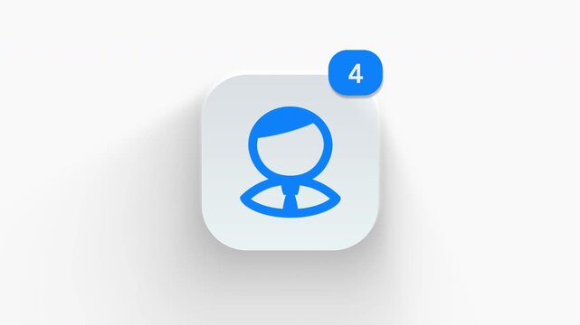 Male profile avatar app icon featuring animated notification badge with counter 1 to 99, dynamic shadow effect, minimalist man user head icon account concept, on white background. 