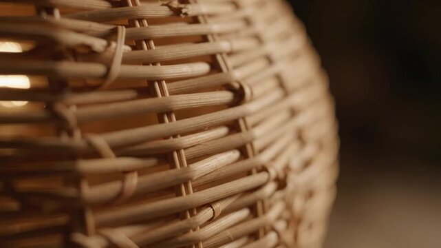 Close-up of warm glowing light inside a woven wicker basket lamp