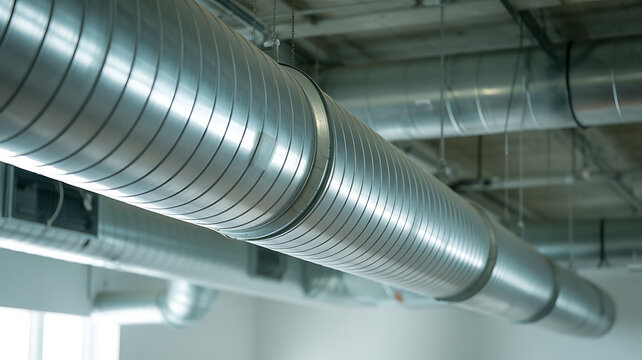 Long, shiny corrugated silver metal air conditioning ducts extend across a ceiling with visible 