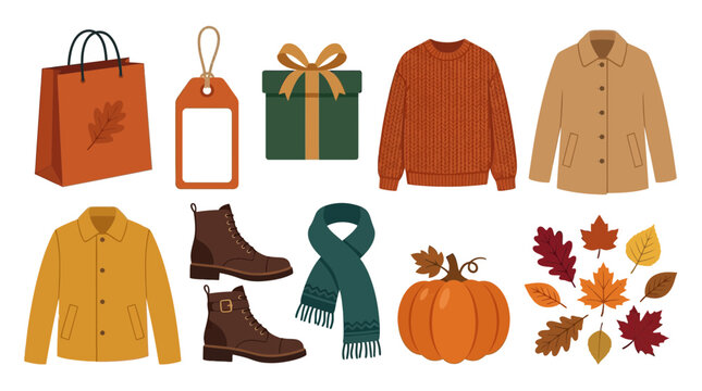 Autumn fashion collection vector, cozy fall clothing and accessories set, seasonal shopping icons with pumpkin and leaves