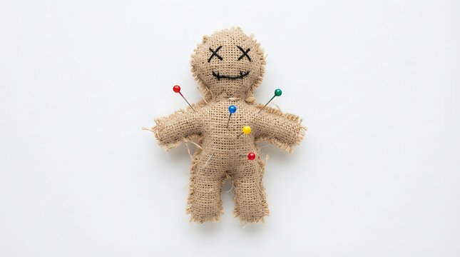 Voodoo doll made of burlap with pins isolated on white background