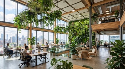 Obraz premium Bright spacious modern corporate office interior integrates beautifully with lush green hanging plants and vertical eco-friendly gardens.