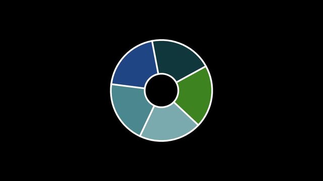 Abstract 5 steps circular pie chart rotating loop animation on black background