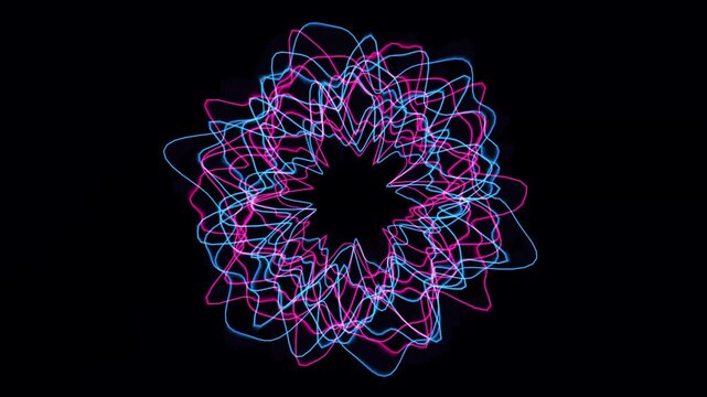 Abstract glowing neon wave line mandala flower motion graphics loop on dark background