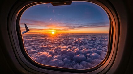 Fototapeta premium Airplane window frames a mesmerizing high-altitude sunset looking down upon a dense fluffy sea of white and purple clouds glowing brightly.