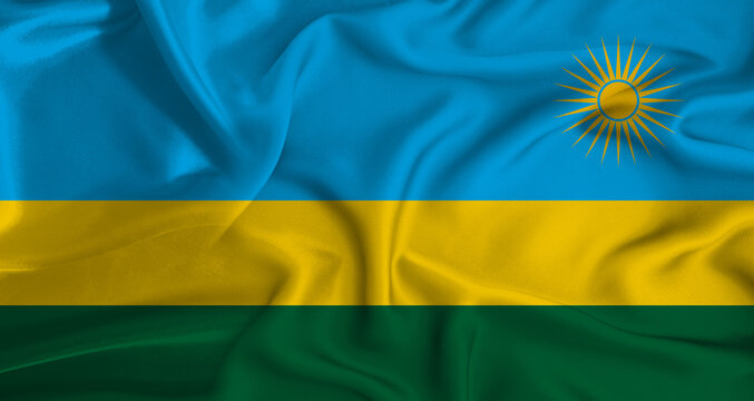 Realistic Rwanda flag waving. Close up of flag of Rwanda with cloth texture