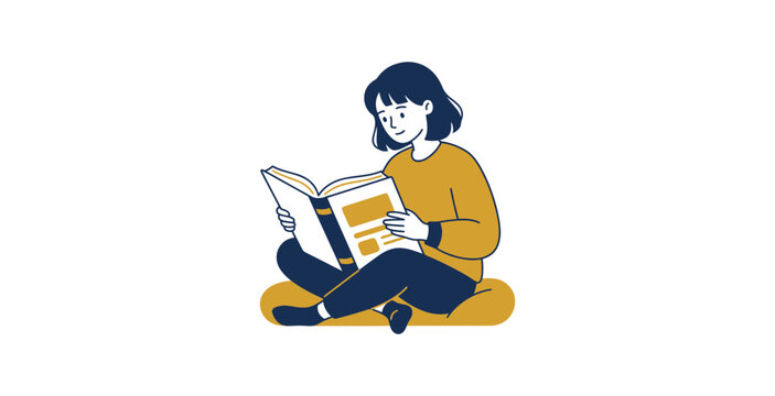 Illustration of a woman sitting cross-legged reading a book with a relaxed expression.