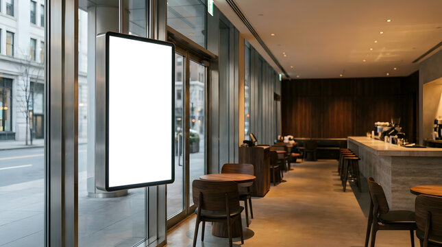 Vertical Blank Digital Menu Board Mockup in Modern Cafe Interior | Blank Digital Display Poster Frame Hanging near Cafe Window | Modern Coffee Shop Interior with Vertical Blank Screen Mockup