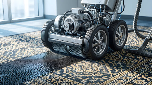 Commercial Carpet Cleaning Machine Washing Patterned Area Rug | Close Up of Heavy Duty Carpet Scrubber Cleaning Rug Fibers | Professional Rug Cleaning Machine Extraction Process on Patterned Carpet 