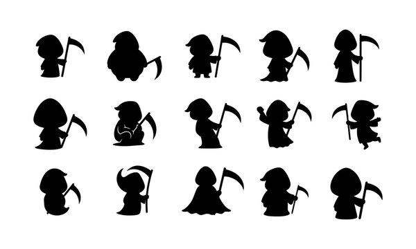 Cute reaper icons with scythes for halloween holiday spooky designs.