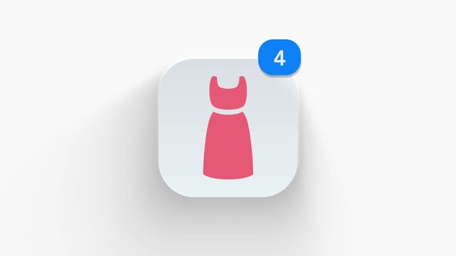 Dress outfit app icon featuring animated notification badge with counter 1 to 99, dynamic shadow effect, minimalist women fashion apparel dress store concept, on white background. 