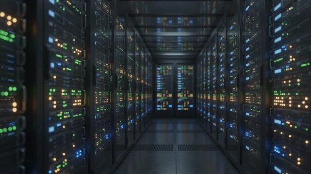 Wide static shot of blinking indicator lights in a dark futuristic server room data center corridor